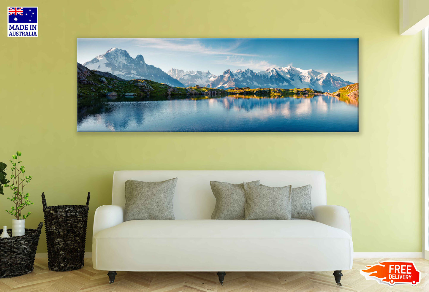 Panoramic Canvas Snow Mountains Lake Scenery Photograph High Quality 100% Australian Made Wall Canvas Print Ready to Hang
