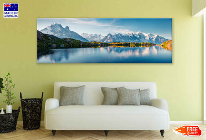 Panoramic Canvas Snow Mountains Lake Scenery Photograph High Quality 100% Australian Made Wall Canvas Print Ready to Hang