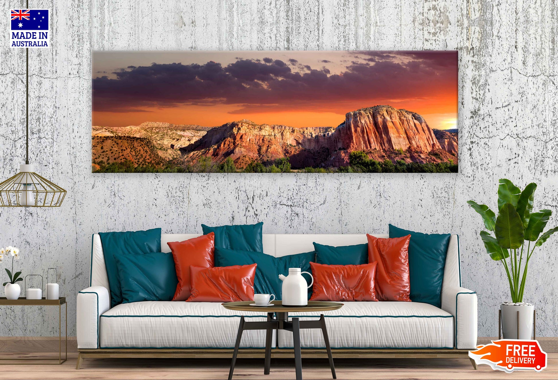 Panoramic Canvas Red Rocks Sunset Sky Scenery Photograph High Quality 100% Australian Made Wall Canvas Print Ready to Hang