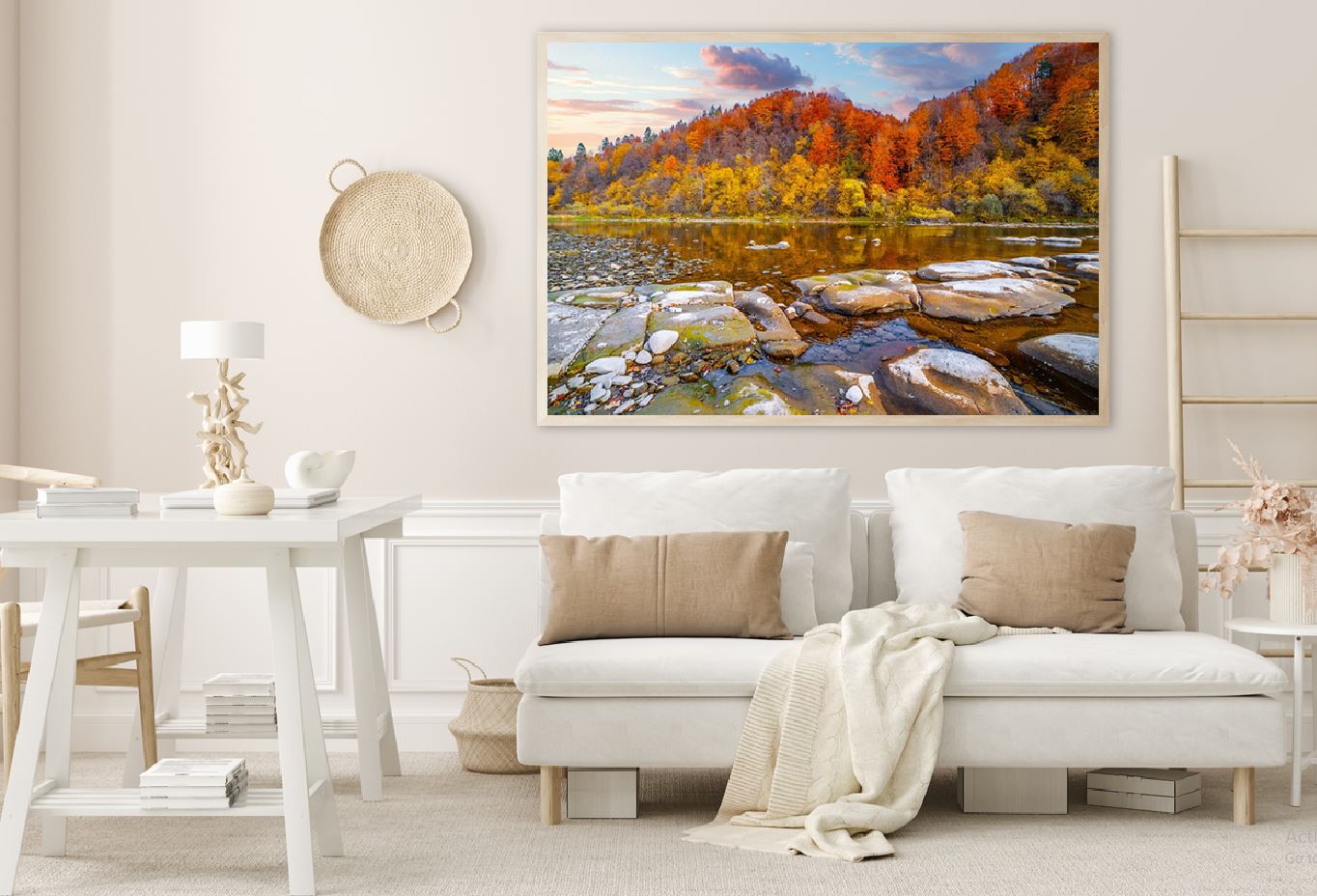 Stones on River & Autumn Forest View Photograph Home Decor Premium Quality Poster Print Choose Your Sizes
