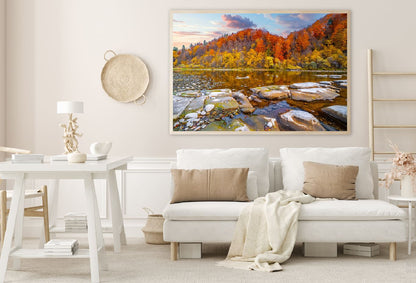 Stones on River & Autumn Forest View Photograph Home Decor Premium Quality Poster Print Choose Your Sizes
