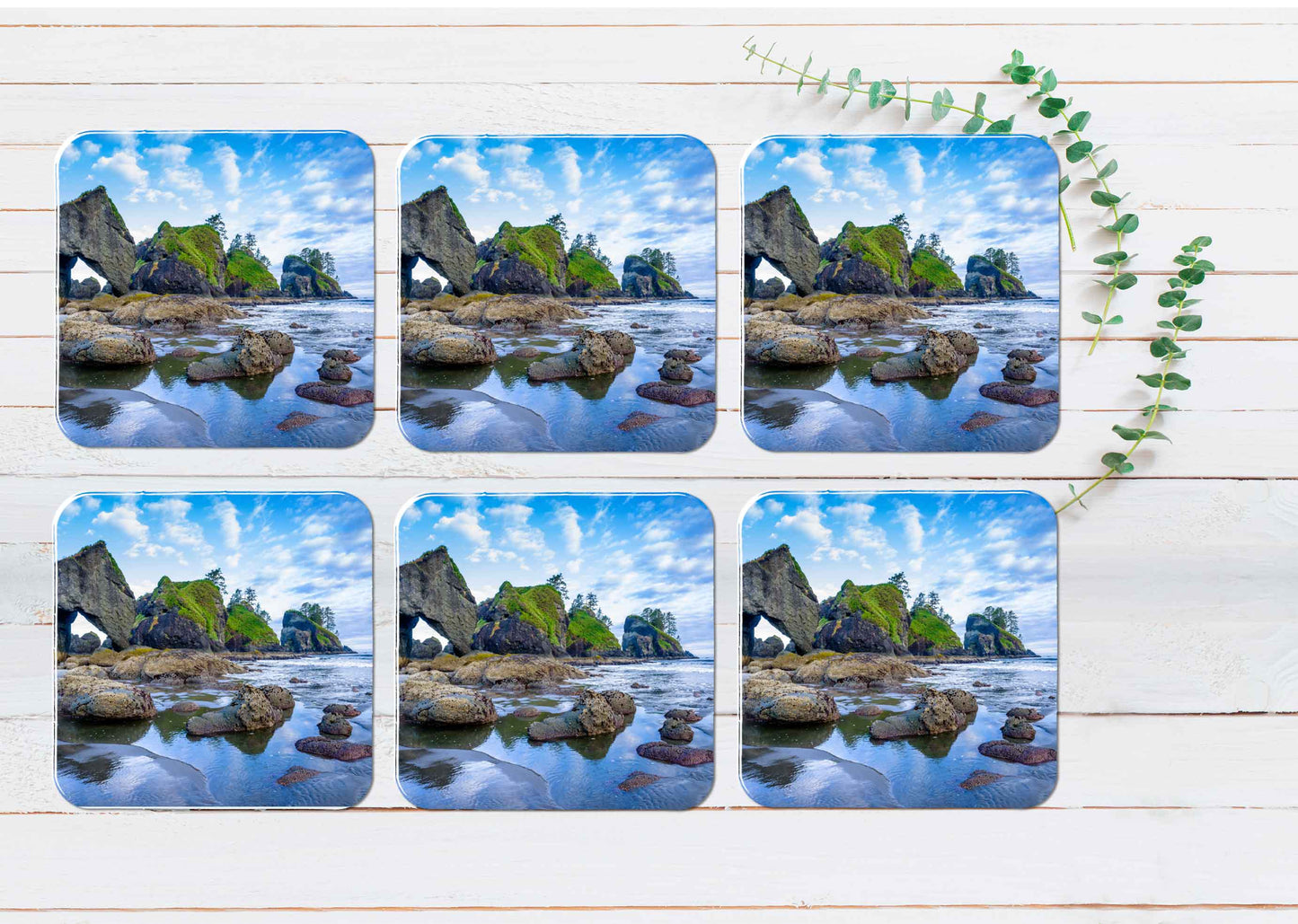 Rugged Beach With Rock Formation Coasters Wood & Rubber - Set of 6 Coasters