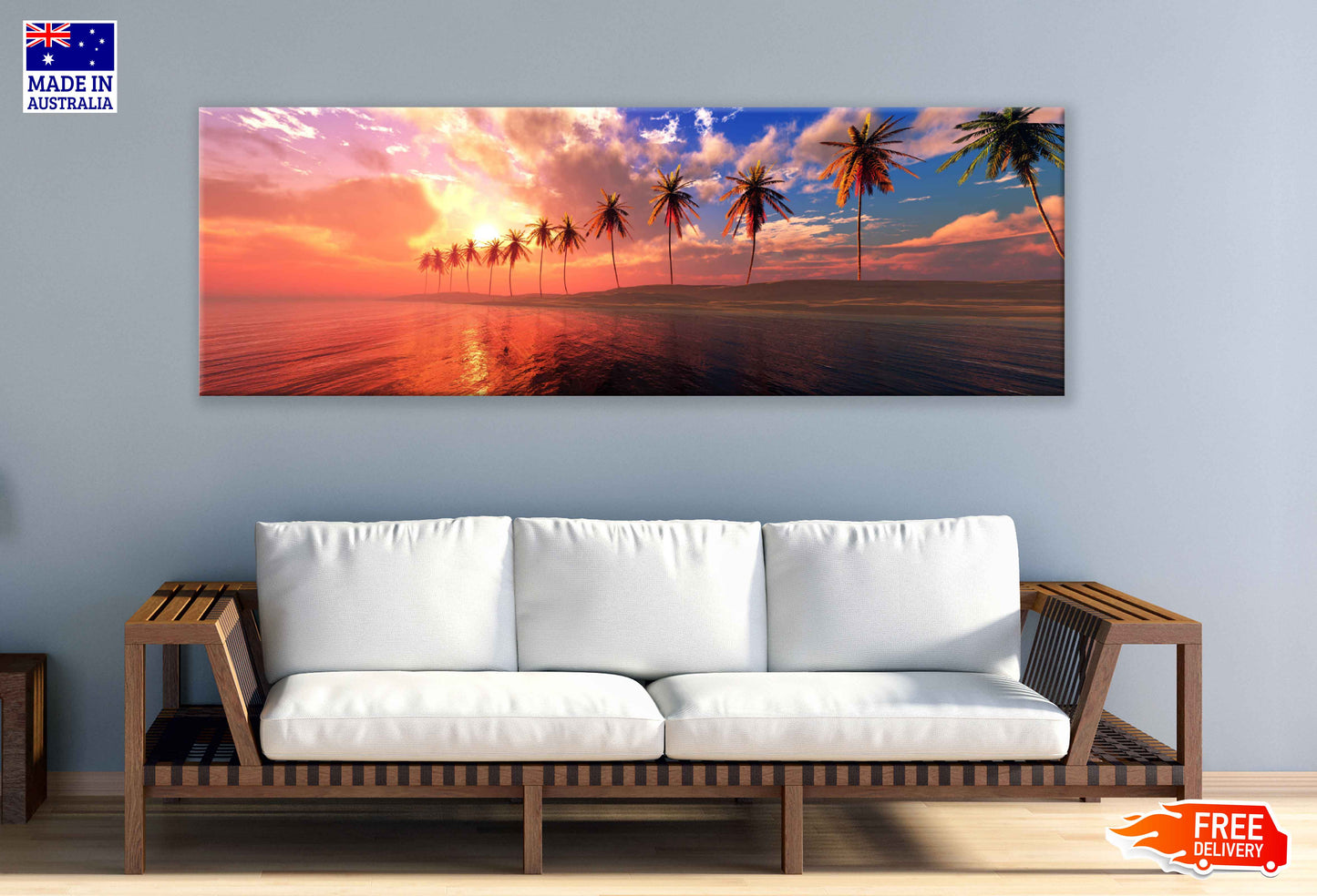 Panoramic Canvas Sunset Over Palm Sea View Photographin High Quality 100% Australian Made Wall Canvas Print Ready to Hang