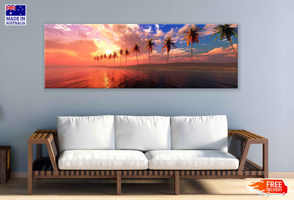 Panoramic Canvas Sunset Over Palm Sea View Photographin High Quality 100% Australian Made Wall Canvas Print Ready to Hang