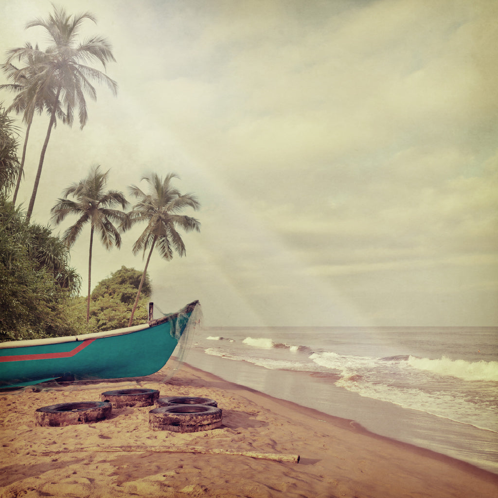 Square Canvas Boat on Sandy Beach Vintage Photograph High Quality Print 100% Australian Made