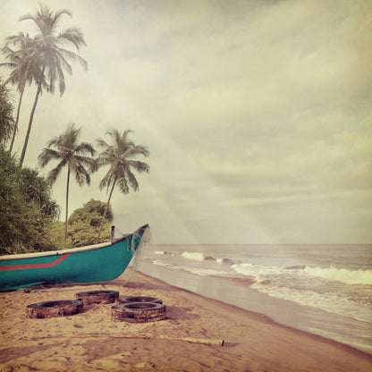 Square Canvas Boat on Sandy Beach Vintage Photograph High Quality Print 100% Australian Made