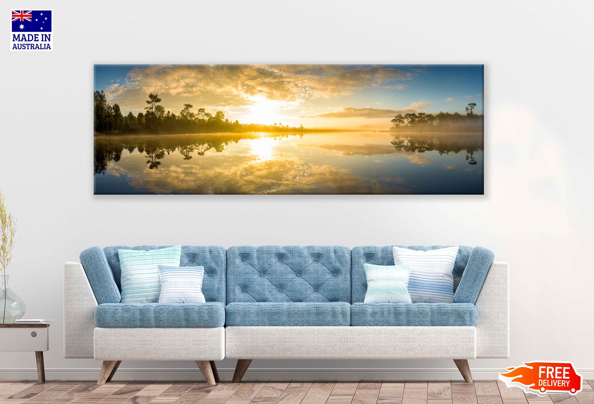 Panoramic Canvas Trees & Lake Sunrise Scenery Photograph High Quality 100% Australian Made Wall Canvas Print Ready to Hang