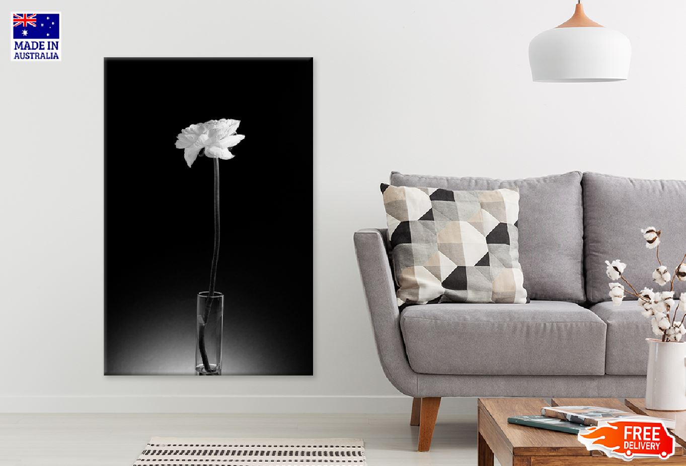 White Rose with Glass Vase B&W View Photograph Print 100% Australian Made