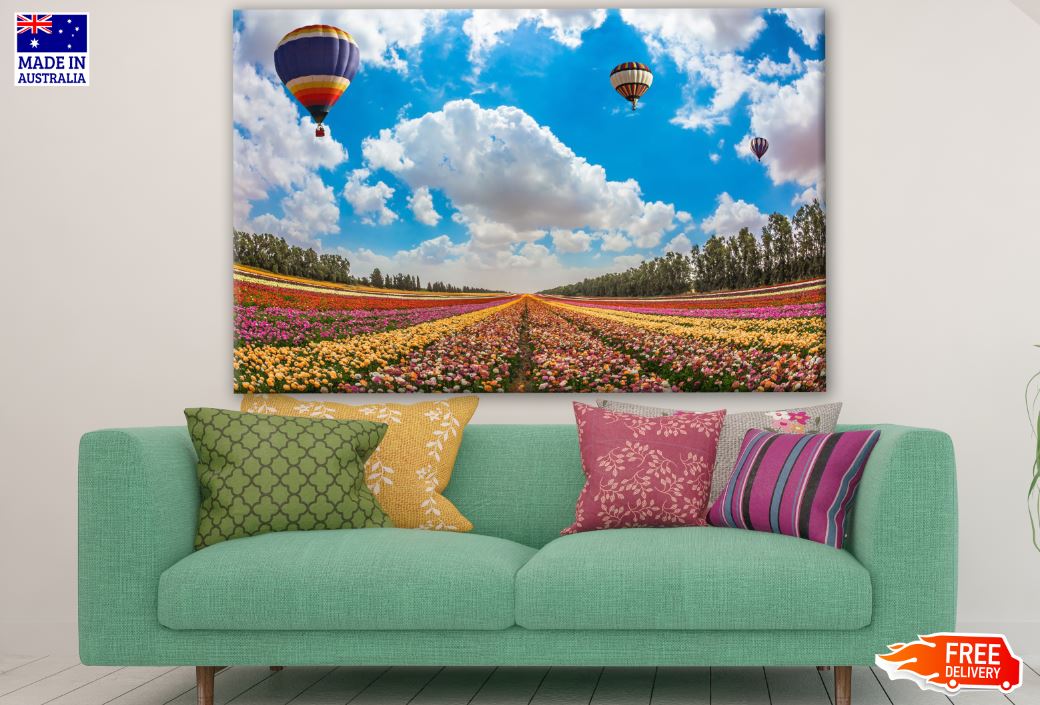 Hot Air Balloons Over Flower Field Print 100% Australian Made