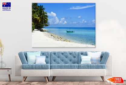 Palm Trees & Boat On Sea Sky View Print 100% Australian Made