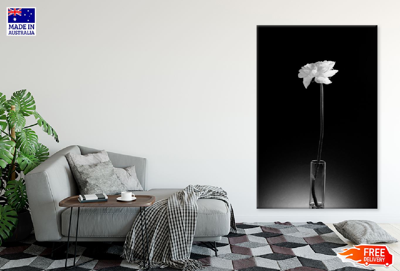 White Rose with Glass Vase B&W View Photograph Print 100% Australian Made