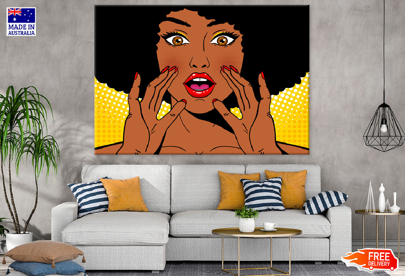 Surprised African Woman Holding Her Hands Open Mouth Print 100% Australian Made
