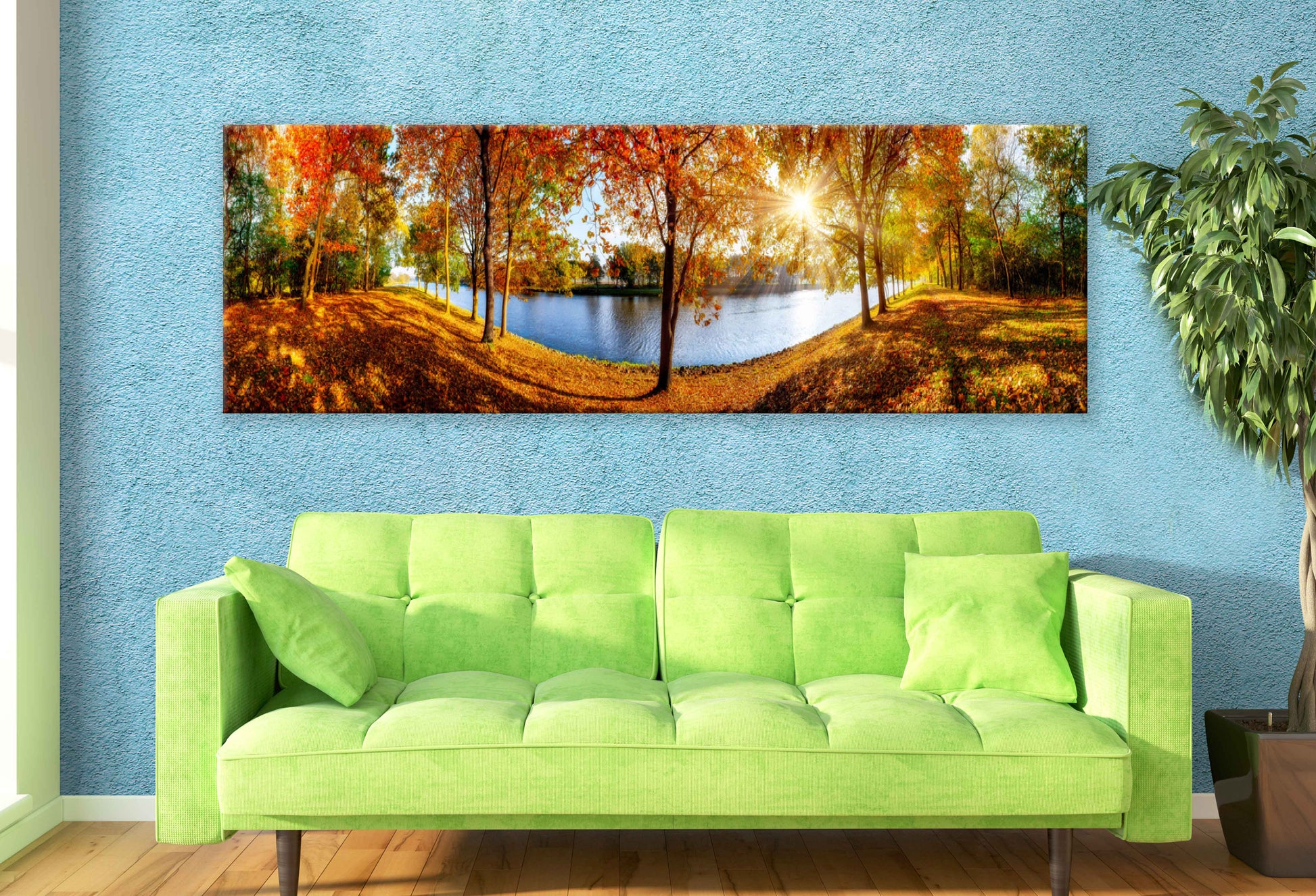 Panoramic Canvas Autumn Trees & Lake Photograph High Quality 100% Australian Made Wall Canvas Print Ready to Hang