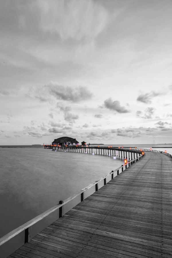 Wooden Pier Villas on Sea B&W Photograph Print 100% Australian Made