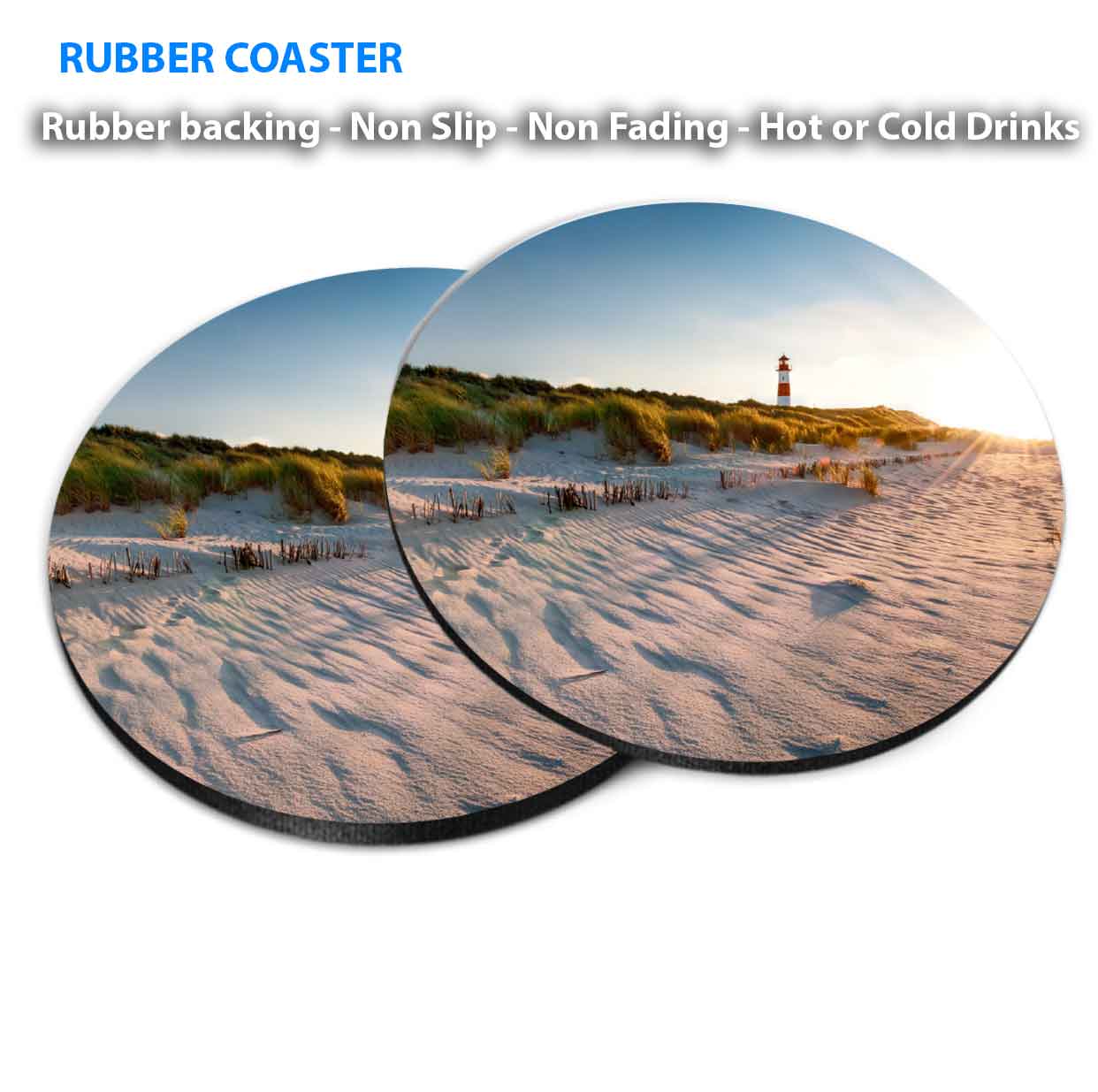 Lighthouse & Sand Dunes Beach View Coasters Wood & Rubber - Set of 6 Coasters