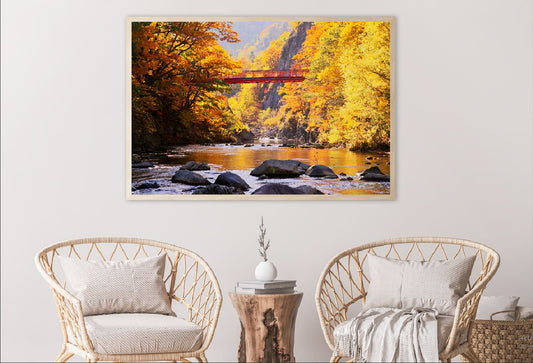 Autumn Forest Lake with Bridge Photograph Home Decor Premium Quality Poster Print Choose Your Sizes
