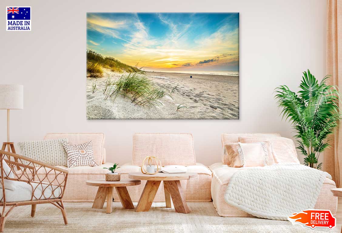 Grass on Sandy Seashore & Sunset View Photograph Print 100% Australian Made