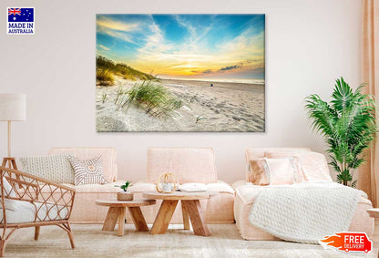 Grass on Sandy Seashore & Sunset View Photograph Print 100% Australian Made
