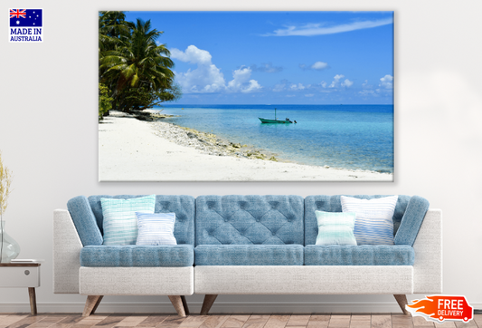 Palm Tree & Boat On Sea View Photograph Print 100% Australian Made