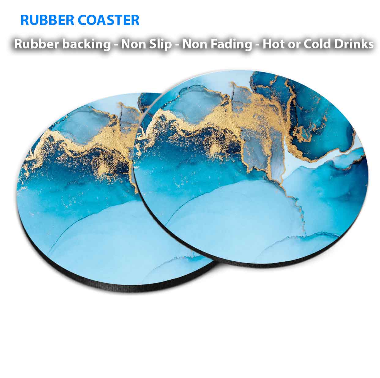 Blue & Gold Splash Marble Abstract Coasters Wood & Rubber - Set of 6 Coasters