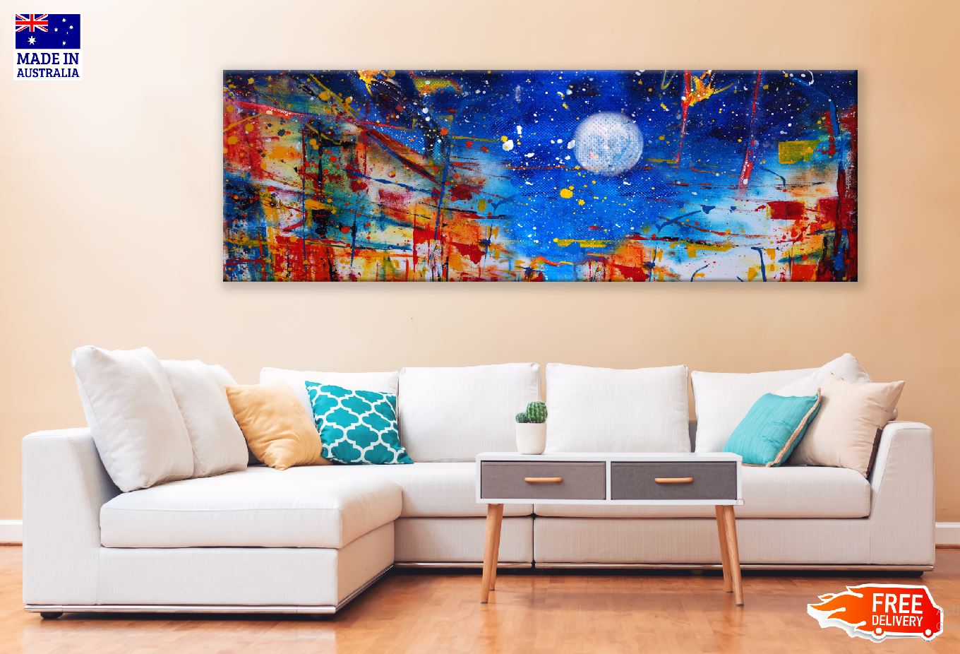 Panoramic Canvas Full Moon Sky Abstract Painting High Quality 100% Australian Made Wall Canvas Print Ready to Hang