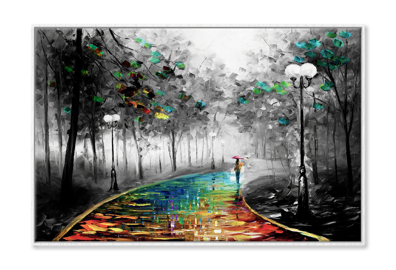 Girl Walking on Colorful Road B&W Forest Painting Wall Art Limited Edition High Quality Print Canvas Box Framed White