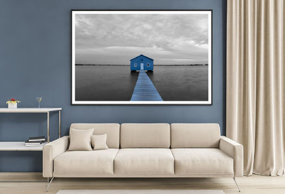 Blue House Over Lake B&W View Photograph Home Decor Premium Quality Poster Print Choose Your Sizes