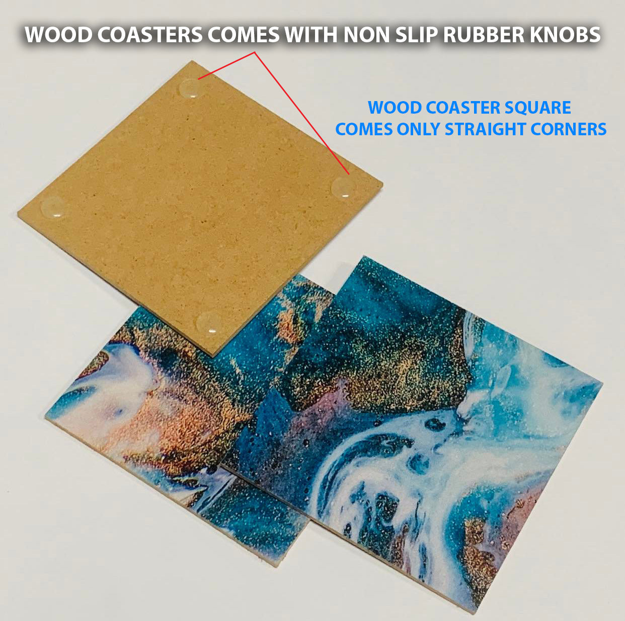 Beige Pink Blue Gold Fluid Abstract Coasters Wood & Rubber - Set of 6 Coasters