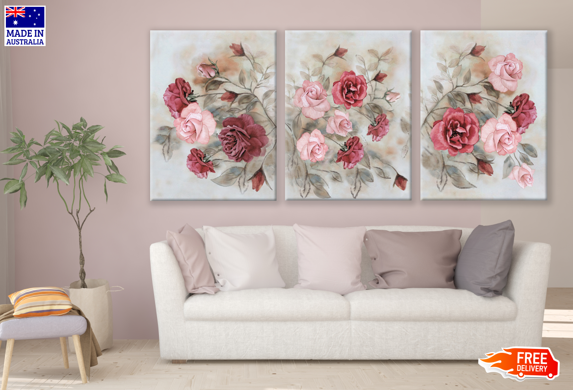 3 Set of Pink Red Floral Art High Quality print 100% Australian made wall Canvas ready to hang