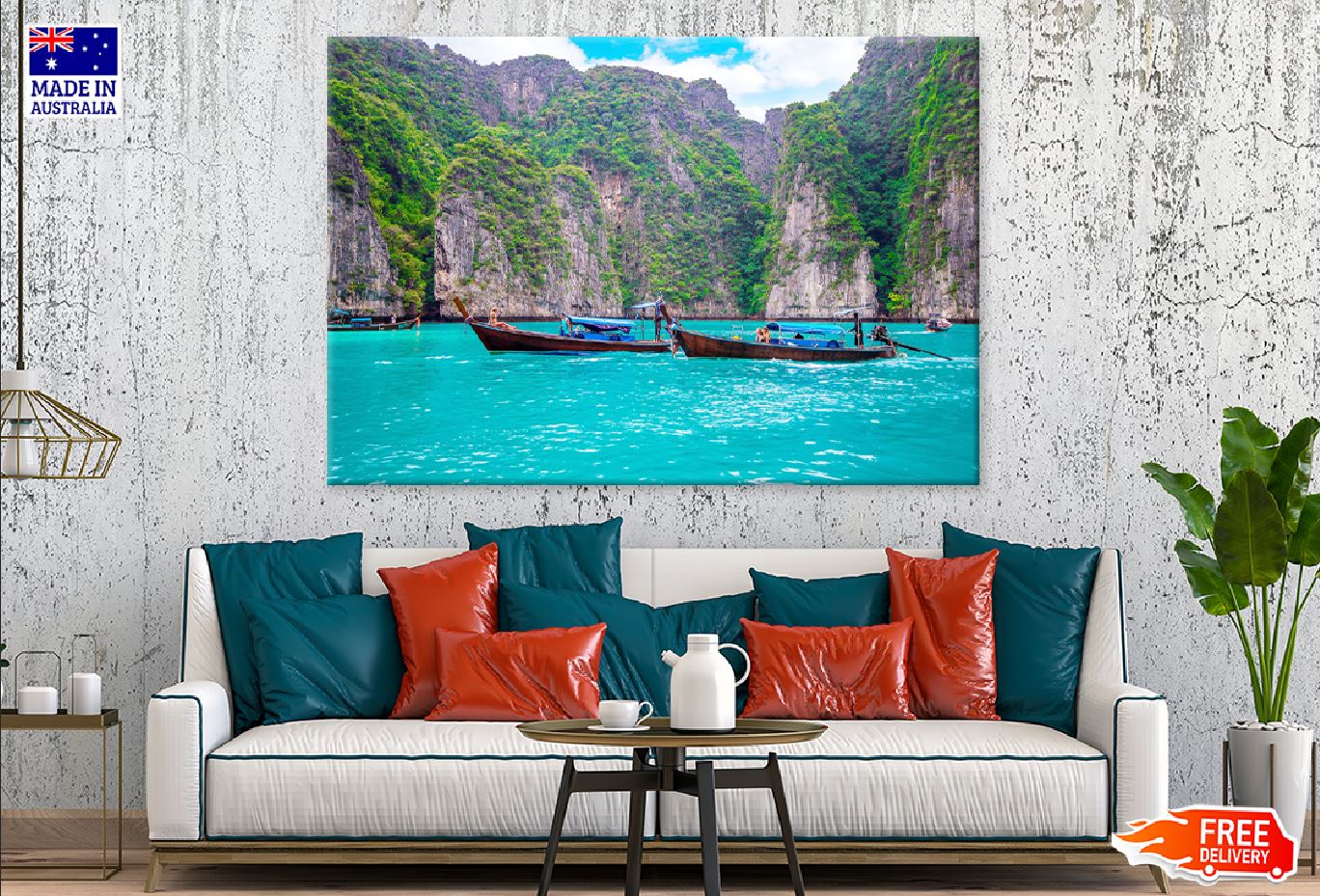 Boats on Blue Maya Bay Island View Photograph Print 100% Australian Made
