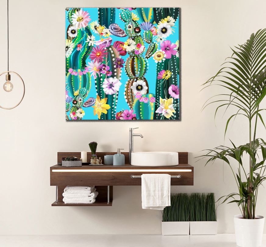 Square Canvas Colourful Cactus Plant with Flowers Art High Quality Print 100% Australian Made