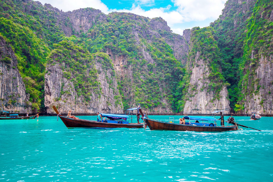 Boats on Blue Maya Bay Island View Photograph Print 100% Australian Made