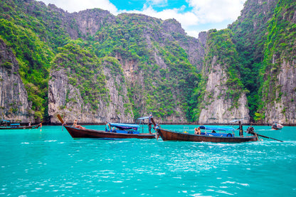 Boats on Blue Maya Bay Island View Photograph Print 100% Australian Made