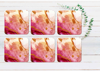 Pink Gold Lines Painting Abstract Coasters Wood & Rubber - Set of 6 Coasters