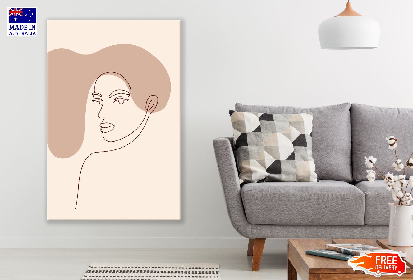 Woman Face with Brown Hair Line Art Design Print 100% Australian Made