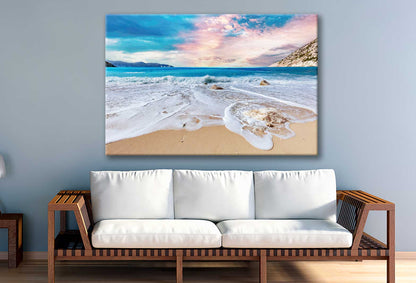 Bella Home Myrtos Seawaves With Pink & Blue Sky Print Canvas Ready to hang