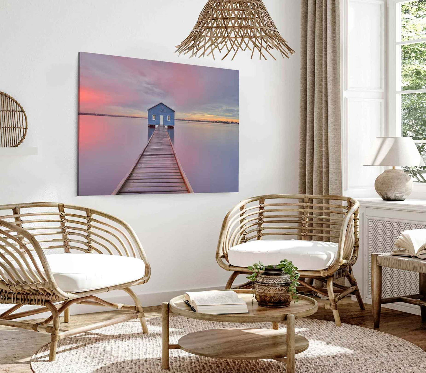 Bella Home Boathouse Beach With Wooden Pier Print Canvas Ready to hang