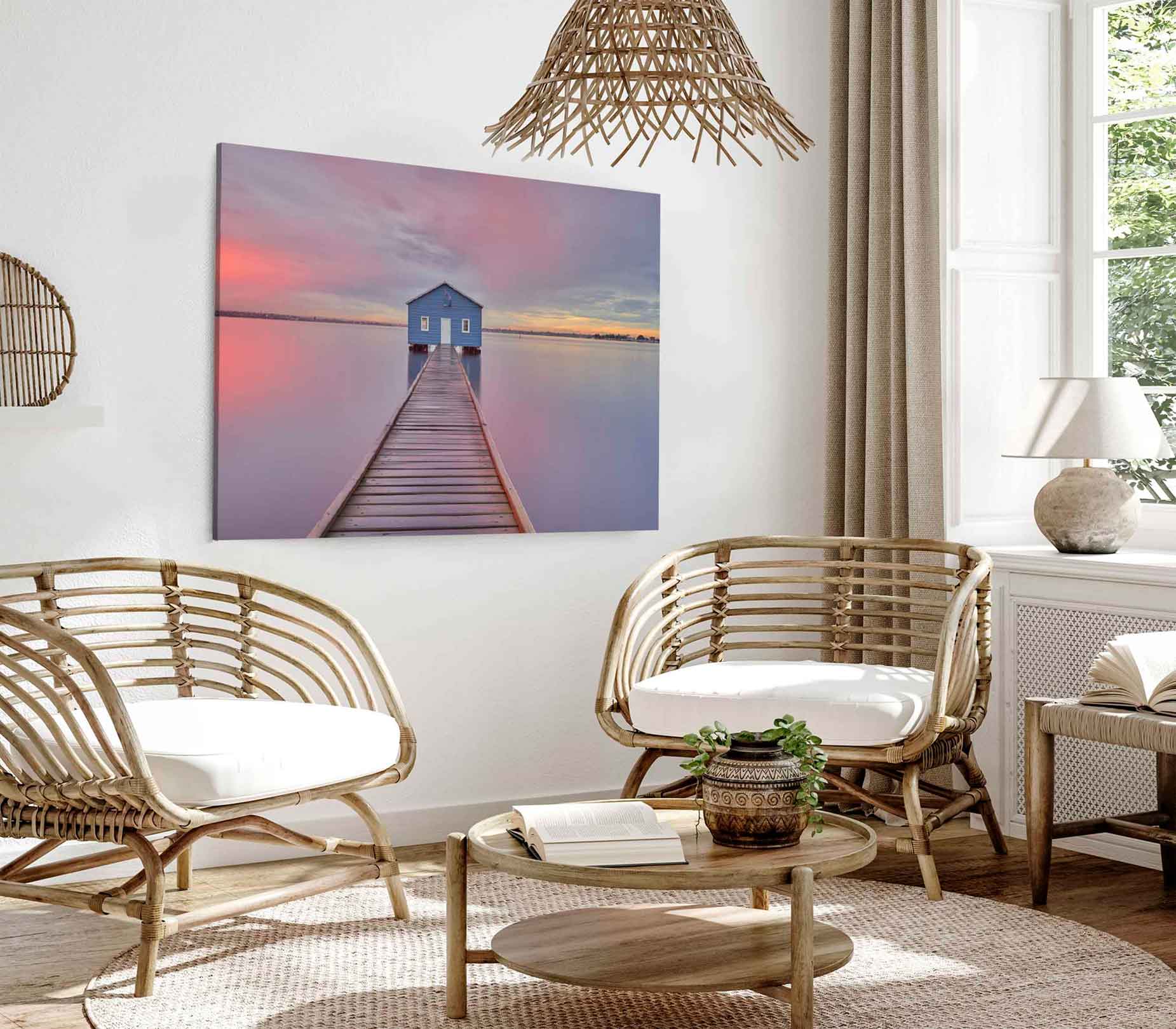 Bella Home Boathouse Beach With Wooden Pier Print Canvas Ready to hang