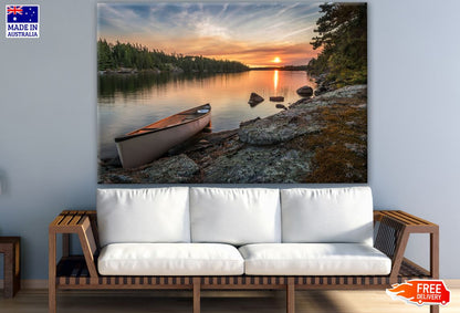 Canoe on Lake Shore at Sunset Scenery Photograph Print 100% Australian Made