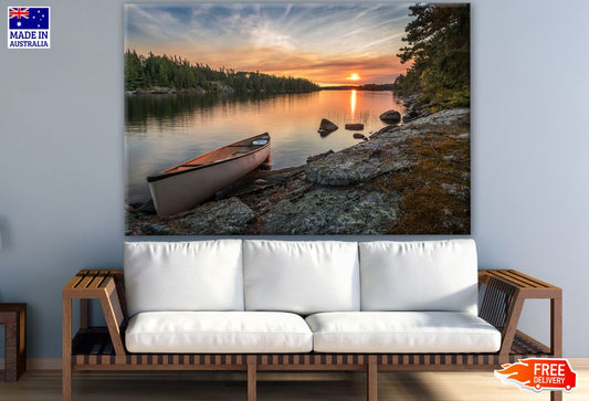 Canoe on Lake Shore at Sunset Scenery Photograph Print 100% Australian Made