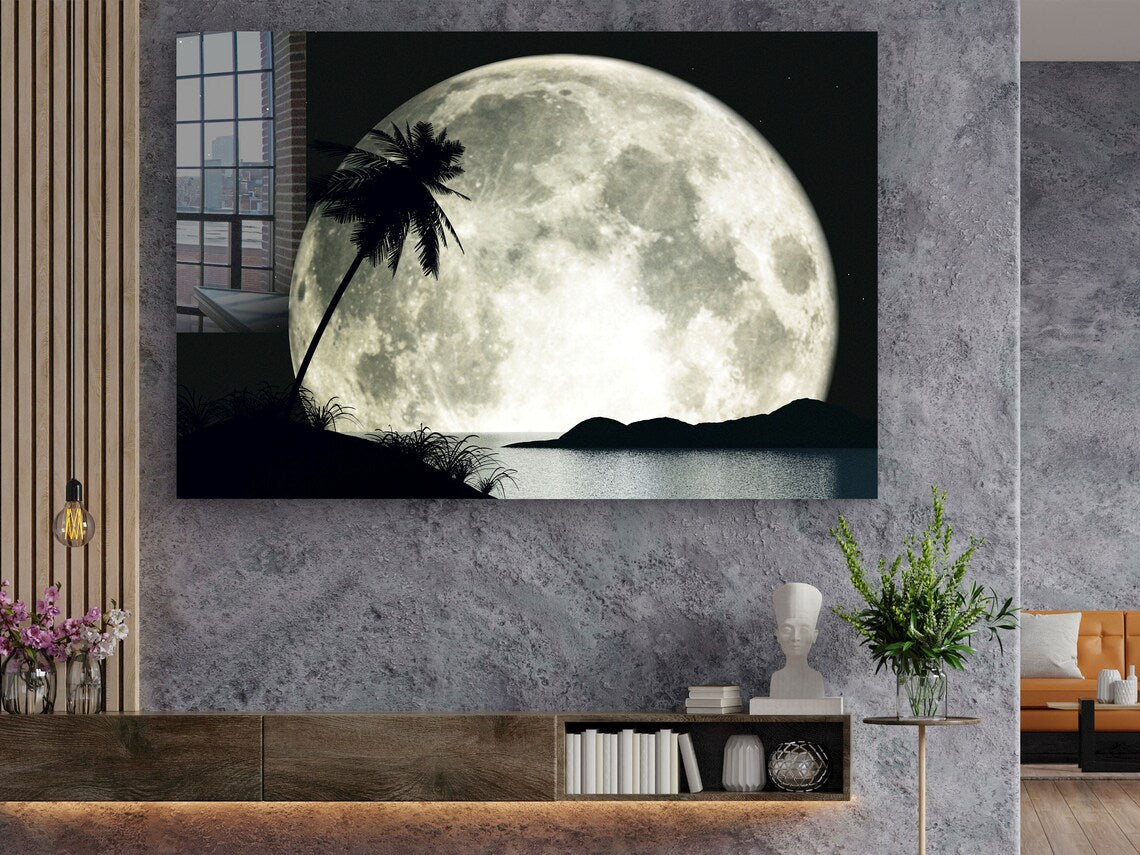 Moon Palm Tree Digital Print Tempered Glass Wall Art 100% Made in Australia Ready to Hang