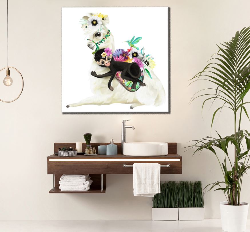 Square Canvas Llama with Monkey on Back Painting High Quality Print 100% Australian Made