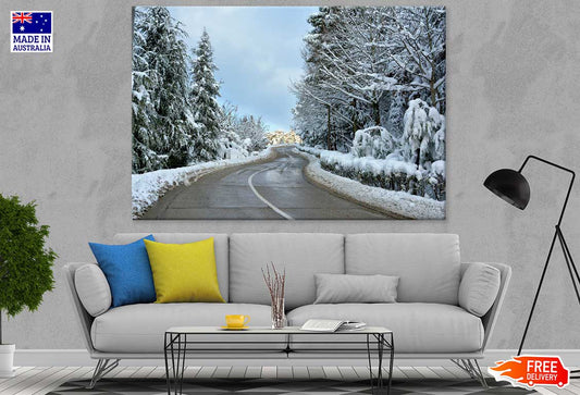 Road & Snow Covered Forest Photograph Print 100% Australian Made