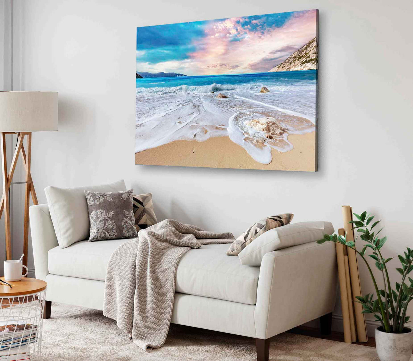 Bella Home Myrtos Seawaves With Pink & Blue Sky Print Canvas Ready to hang