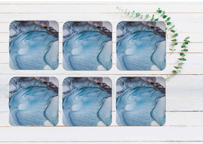 Blue Grey Liquid Abstract Design Coasters Wood & Rubber - Set of 6 Coasters