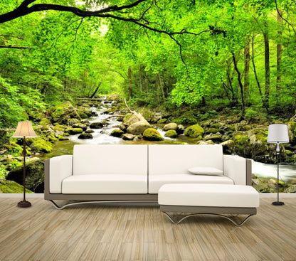 Wallpaper Murals Peel and Stick Removable Stunning Forest with Water Stream High Quality