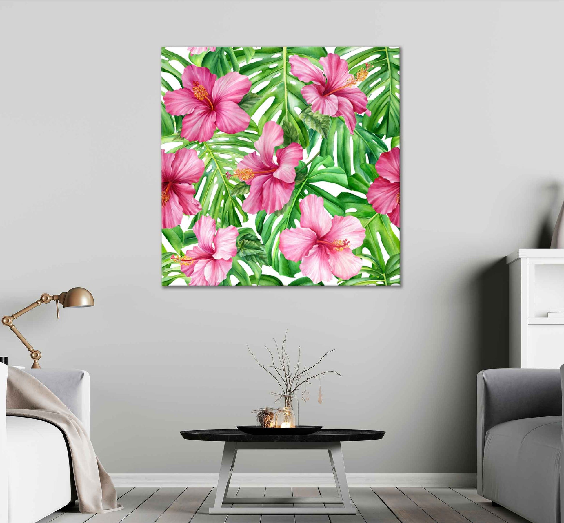 Square Canvas Pink Hibiscus & Leaves Vector Design High Quality Print 100% Australian Made