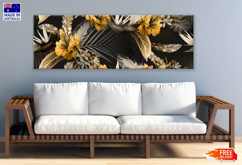 Panoramic Canvas Golden & Black Flowers Design High Quality 100% Australian Made Wall Canvas Print Ready to Hang