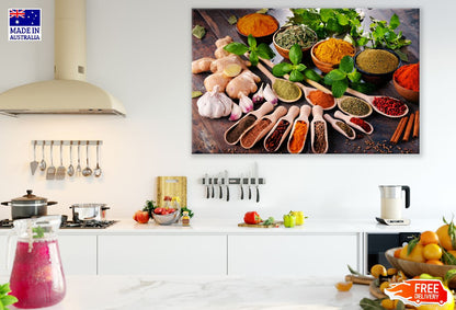 Variety of Spices and Herbs on Kitchen Table Photograph Print 100% Australian Made