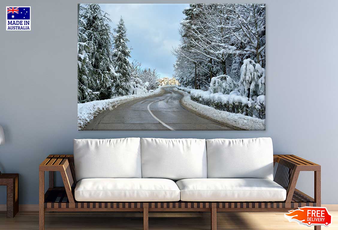 Road & Snow Covered Forest Photograph Print 100% Australian Made